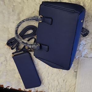 FASHION PUZZLE 2 piece Triple Zip Satchel bag & zip around wallet Dark Blue NEW…